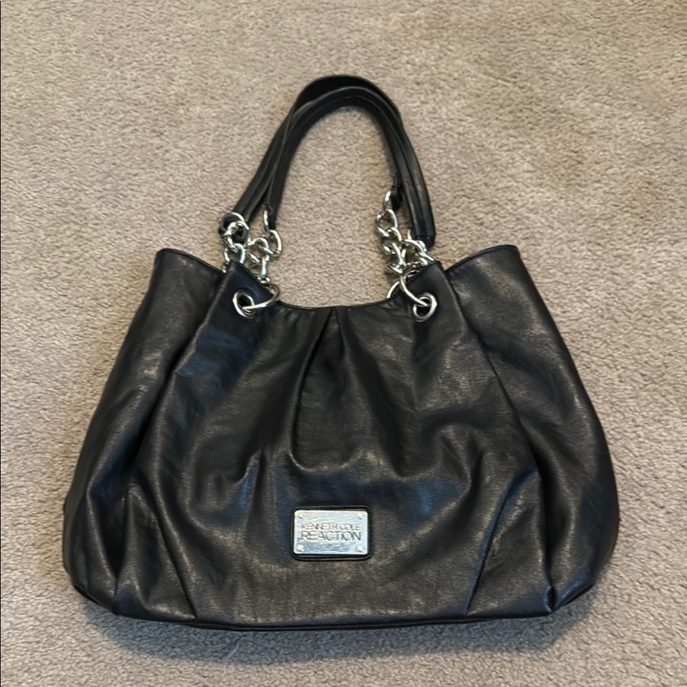 Kenneth Cole Reaction Black and Silver Shoulder Bag with Metallic Accents